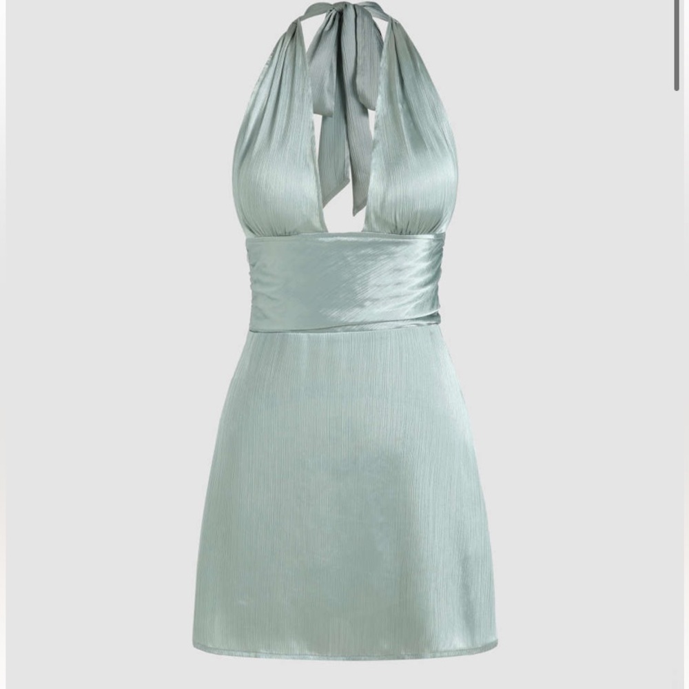 Sage green deep v halter mini dress